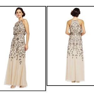 Adrianna Papell Floral Beaded Keyhole Blouson Halter Gown